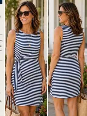 Talbots Navy and White Striped Tie-Detail sleeveless  Midi Dress. LP